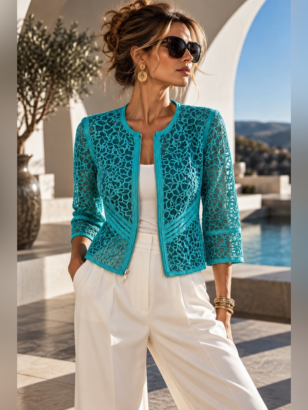 Peter Nygard Petite Sz S Teal Floral Lace Statement Moto Jacket Zip Closure